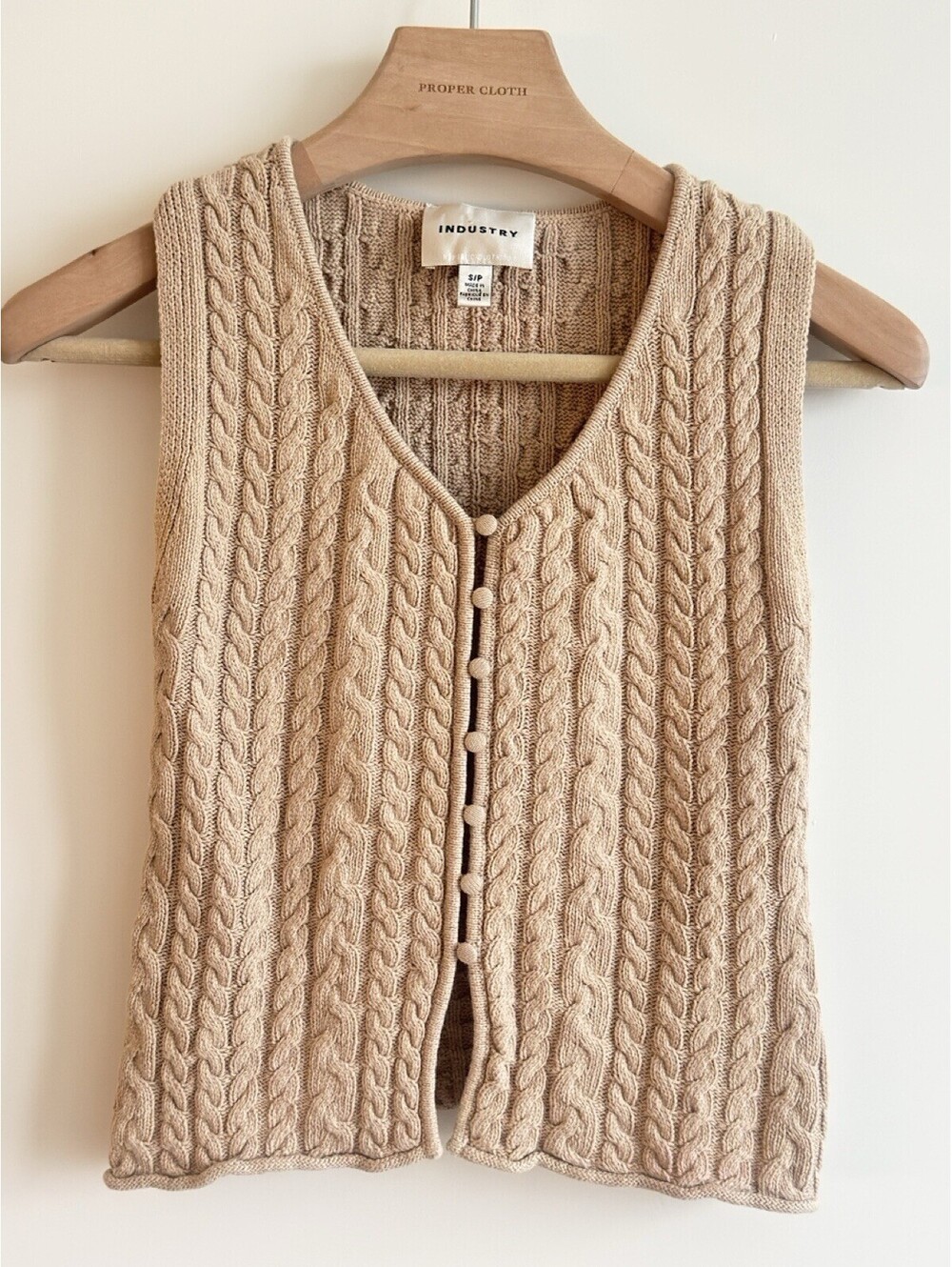 Industry Beige Cable Knit Button Front Sweater Vest Cotton Size Small